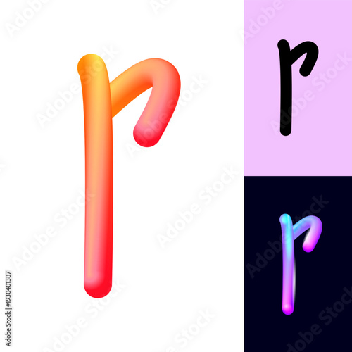 3D flexible or neon letter R, tubular alphabet, bright plastic bubble letter r, vector illustration 10EPS