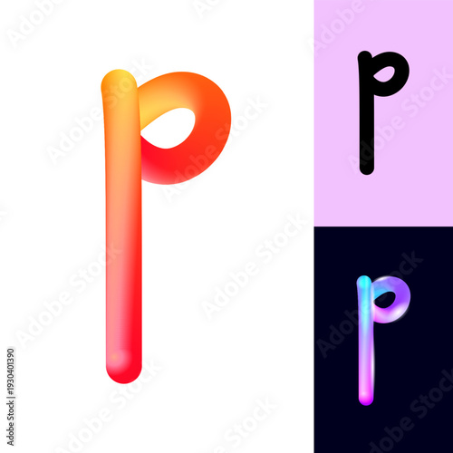 3D flexible or neon letter P, tubular alphabet, bright plastic bubble letter p, vector illustration 10EPS