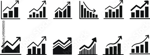 Business chart icon set showing growth and decline trends. Bar graphs with up and down arrows for analytics, statistics, financial performance, revenue increase, sales growth, profit loss. 