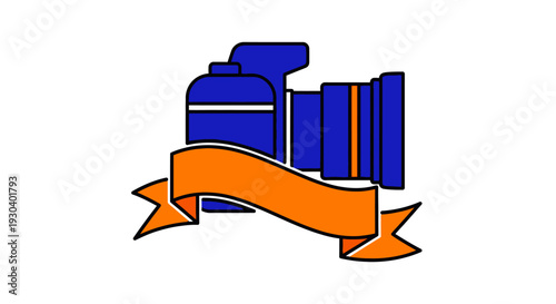 Camera with orange ribbon banner.