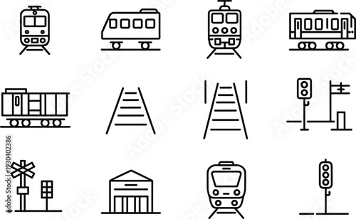 Railway and Train Outline Icon Collection Featuring Locomotive Wagon Tracks Station and Signal Vector Illustration Set