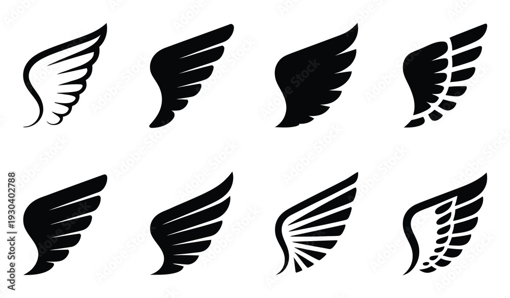 Fototapeta premium Collection of Black and White Wing Silhouette Vector Illustrations