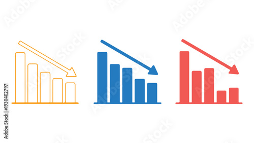 Business bar charts set with downward sloping arrows representing financial loss and risk