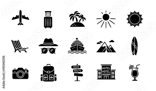 Summer Travel Solid Icons Pack Holiday Beach Tourism Silhouette Vector Collection