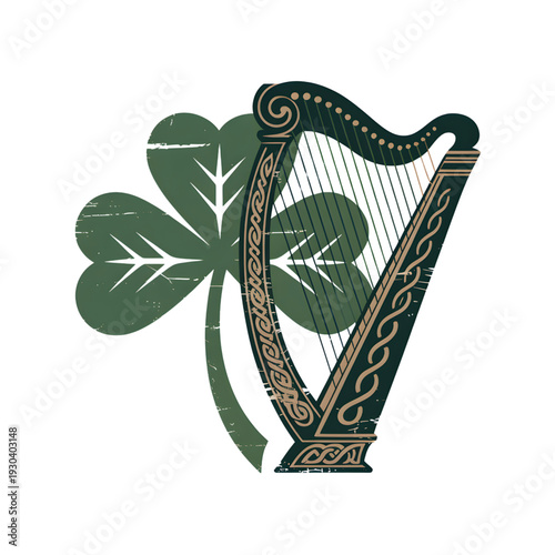 Celtic Harp with Four-Leaf Clover on White Background