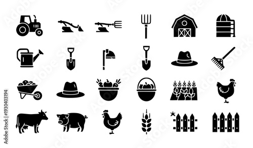 Farming Glyph Icons Set Agriculture Tractor Crop Livestock Solid Vector Collection