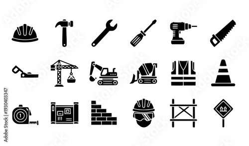 Construction Cool Glyph Icons Set Tools Machinery Safety Solid Vector Collection