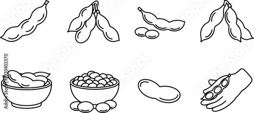 Soybean and Edamame Outline Icon Collection with Soy Pods Beans Bowl and Organic Plant Protein Vector Illustration