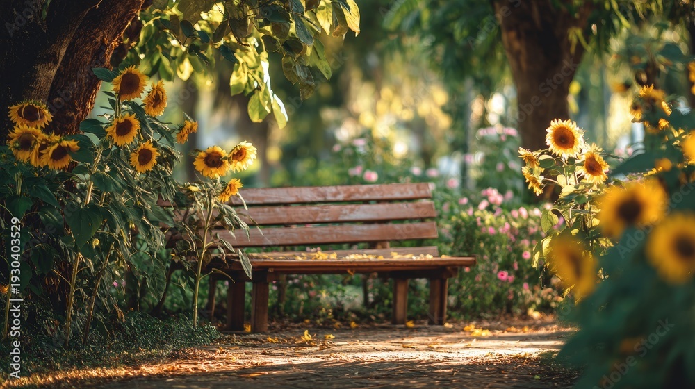 Obraz premium Serene park scene with a wooden bench surrounded by vibrant sunflowers and blooming flowers in a lush green garden setting, perfect for relaxation and contemplation