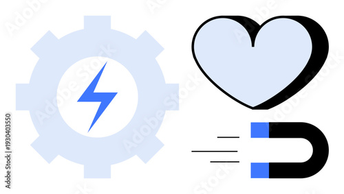 Technology, innovation, energy, attraction, connection, engineering. Gear with energy bolt, heart and magnet with motion lines. Technology and innovation concepts