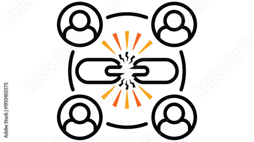 Broken chain link with people and orange rays white