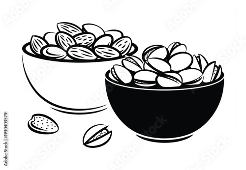 Bowl of Pistachios Black and White Vector Illustration
