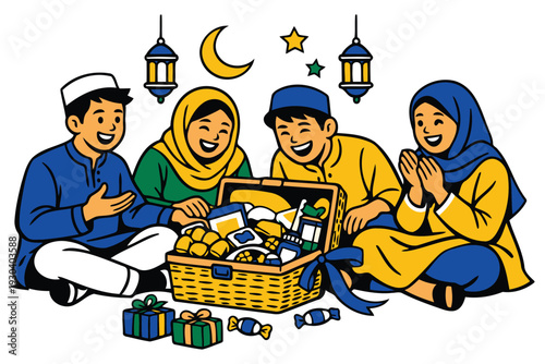 happy muslim friends exchanging gifts and snacks at a festive gathering