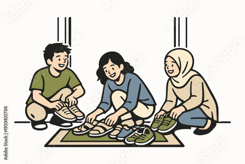family placing shoes on a mat before entering home for prayer or gathering