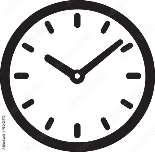 Minimalist Flat Vector Icon of Analog Clock – Solid Black, Simple Hands, Transparent Background – UI Design Icon