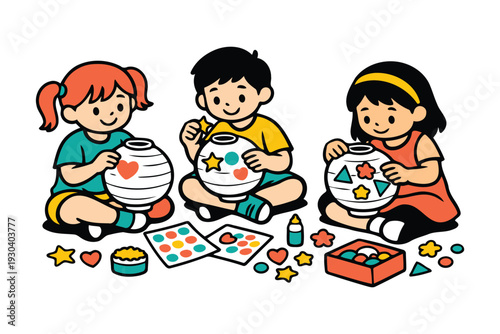 children crafting decorative lanterns with stars and hearts for holiday festivities