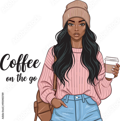 Beautiful African American woman wearing pink sweater and beanie holding coffee cup, coffee on the go text, flat vector illustration.