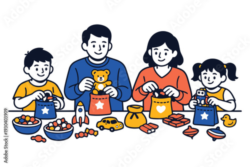 family packing gift bags with toys and treats for children,illustration