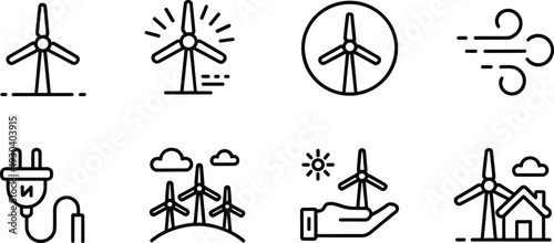 Wind Turbine Renewable Energy Outline Icon Set Featuring Green Power Electricity and Sustainable Eco Technology Vector Illustration