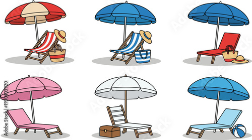 Beach umbrella and lounge chair set with summer accessories flat vector illustration isolated on white background for travel and vacation