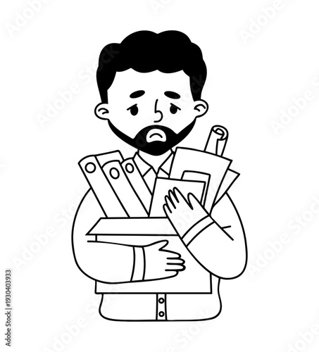 Outline Sad Unemployed Office Worker Man Carrying Box of Personal Belongings After Job Loss or Layoff. Doodle hand drawn. Vector illustration
