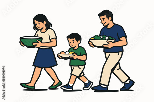 family carrying bowls of fresh salad for a healthy meal
