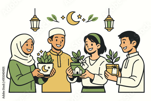 friends holding potted plants,ramadan decoration and celebration