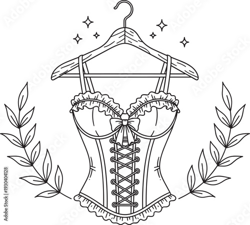 Vintage corset line art illustration on a wooden hanger with laurel branches, decorative stars, ribbon bow, and lace details, vector.