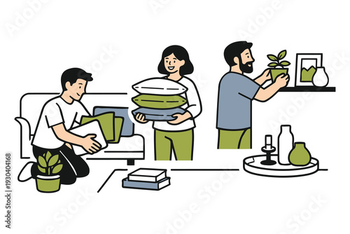 family tidying up living room,arranging cushions and plants