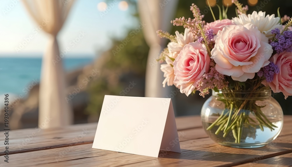 Obraz premium Blank table card mockup next to pink roses bouquet in glass vase on wood table. Outdoor celebration setting, likely beach wedding reception. Soft drapes and ocean view in background.