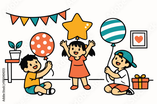 children celebrating with balloons and gifts,party illustration