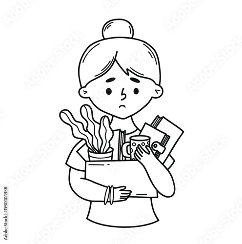 Sad Woman Leaving Office with Box of Personal Belongings. Line Art Hand Drawn Doodle. Concept Work Female Character Employee. Vector illustration