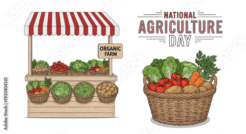Illustration of a vibrant organic farm stand with fresh produce and a basket of vegetables celebrating National Agriculture Day with a rustic and earthy tone.