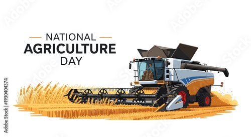 A combine harvester in a field of golden wheat on National Agriculture Day, highlighting farming industry and agricultural innovation with a shallow depth of field.