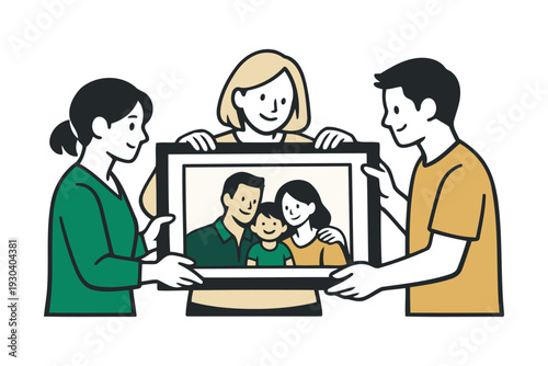 happy family portrait: adults displaying a cherished framed photo