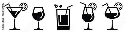 Cocktail icons featuring various glasses with drinks and garnishes