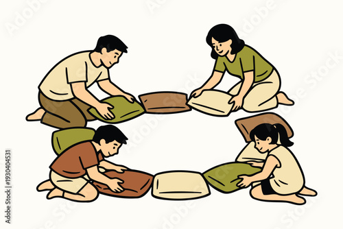 family arranging floor pillows for a cozy home gathering or story time