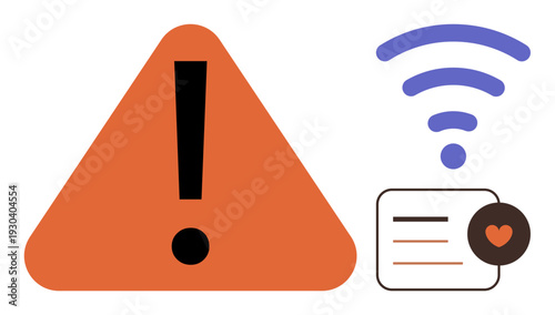 Digital safety, warning notifications, connectivity issues, online alerts, security risks, user communication. A warning sign, wireless signal icon and message alert with a heart. Digital safety