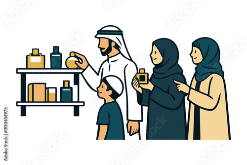 arab family shopping for perfumes and scents at a market stall