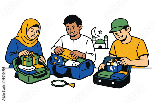 friends packing gifts and luggage for eid travel and celebrations