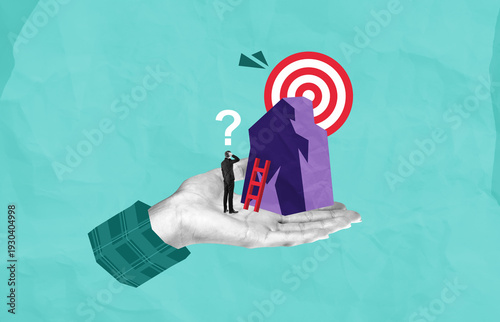Surreal collage of person facing obstacle toward target held in large hand within abstract scene revealing challenge theme.