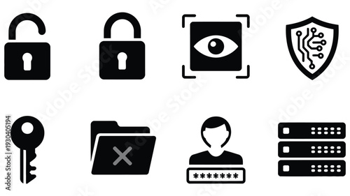 Security icons set for cybersecurity protection, lock system, eye scan authentication, encryption key, folder data security, server protection, user privacy safety, and digital defense vector