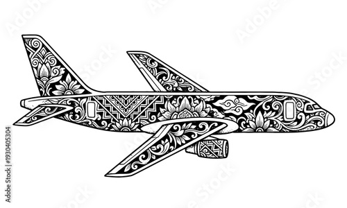 Airplane flying with intricate designs on body