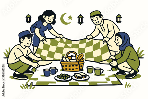 diverse group enjoying a picnic outdoors with basket and checkered blanket.