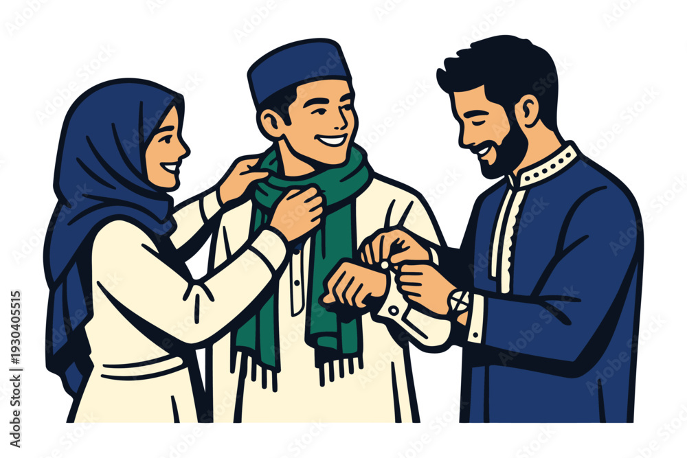 Fototapeta premium muslim friends dressing up for a celebration,adjusting scarf and shirt.