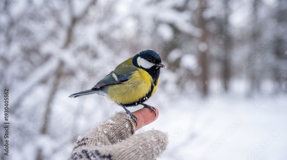 Fototapeta premium Great Tit Bird Perched on Finger in Snowy Winter Forest Landscape