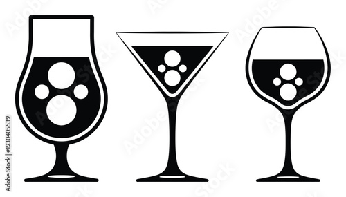 Three stylized glasses with paw print bubbles, black and white