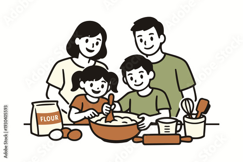 family baking together,mixing ingredients in a bowl with flour and eggs.