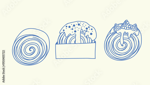 Vector illustration of three hand-drawn pastry rolls in blue outline style, including a plain swirl bun, a glazed roll in a box, and a roll topped with berries, perfect for bakery menus, packaging, an