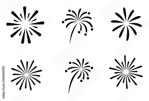 Six Stylized Black Fireworks Icons on White Background